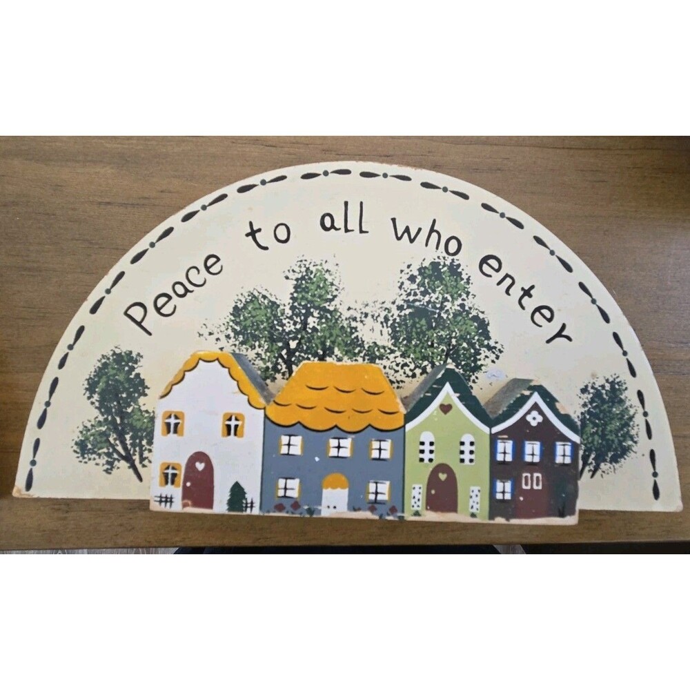 Vintage Wooden Crescent Wall Plaque "Peace to all who enter"